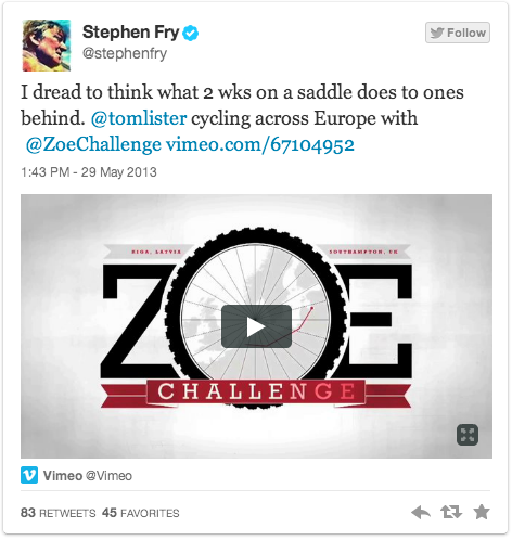 I dread to think what 2 wks on a saddle does to ones behind. @tomlister cycling across Europe with @ZoeChallenge https://vimeo.com/67104952